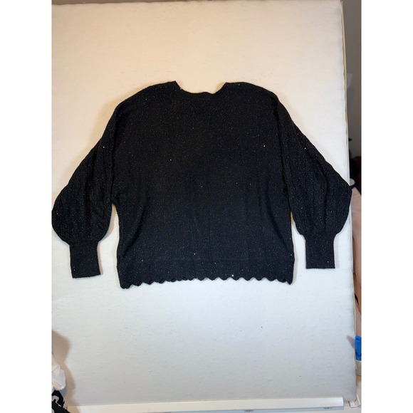 ELLE Women's Black Sparkle Sequin Scalloped Hem Balloon Sleeve Sweater XXL - Picture 2 of 3